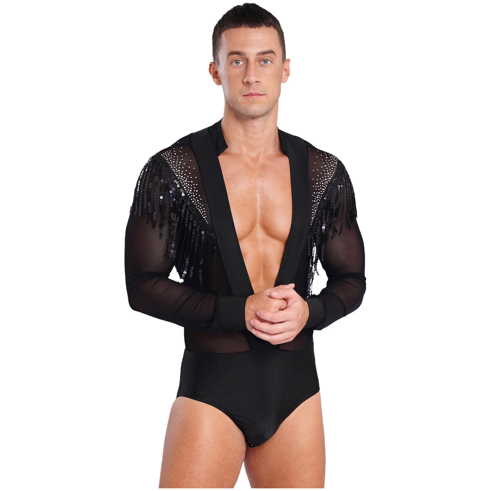 Mens Rhinestones Bodysuit Shirt Tops Sheer Mesh Sequined Tassels Deep V-neck Latin Tango Dance Leotard Performance Costume