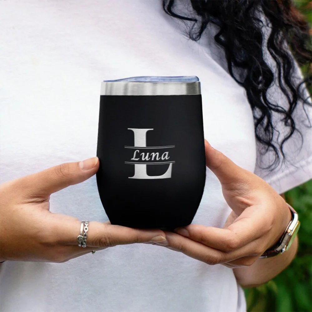 Personalized Monogram Name Wine Tumbler, Custom Initial Stainless Steel Insulated Cup with Lid, Portable Thermal Wine Glass Gift view 4