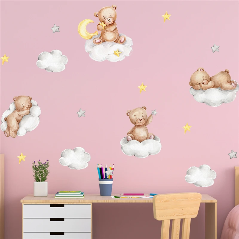 Lovely Bear Sleeping On Cloud Moon Star Wall Stickers For Home Decoration Diy Animal Mural Art Kids Bedroom Decals Pvc Posters