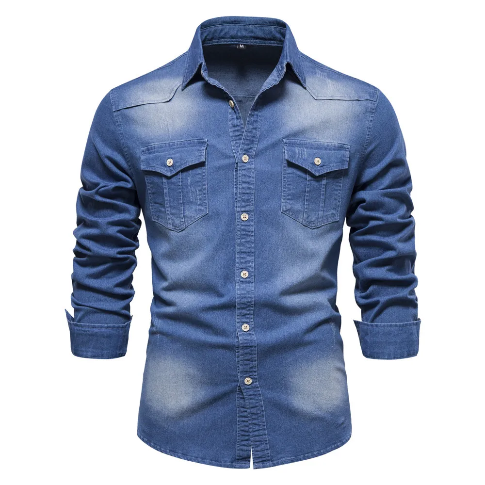 New Autumn 100% Cotton Denim Shirt Men Solid Color Long Sleeve Tops Blouse Elastic Casual Thin Jacket Slim Fit Cowboy Shirts