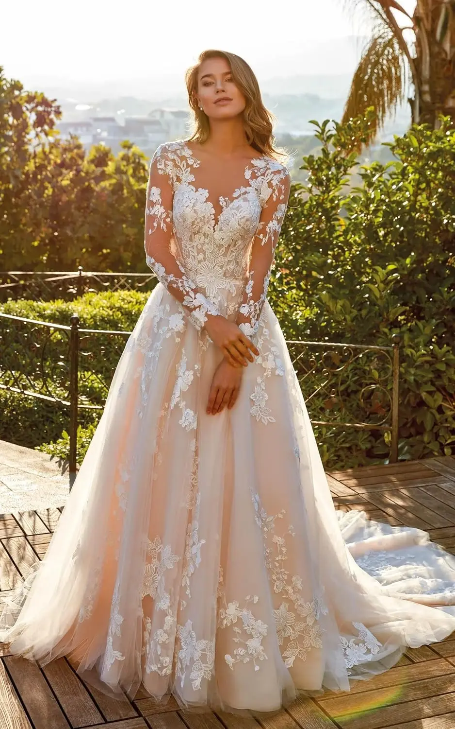 Elegante Spitze-Strandhochzeitskleider für die Braut 2025, mit Ärmeln, Hochzeit, Brautkleider, Applikationen, Tüll, Satin, Übergröße