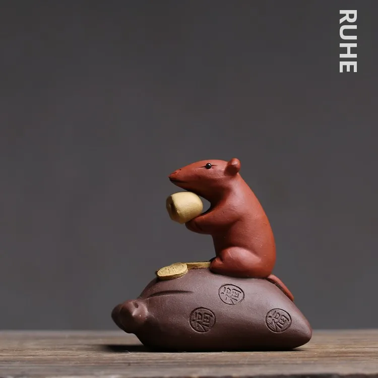 

xing Purple Clay Tea Pet Mouse Figurine Tea Play Display Piece Generational Fortune Coin Zodiac Mouse Luy Charm