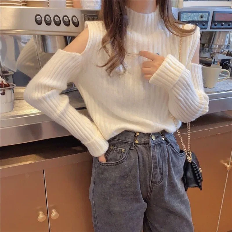 Autumn 2024 New Women's Pullover Sweater Half Polo/Turtle Neck Off-The-Shoulder Outerwear Long Sleeve Knitted Top White