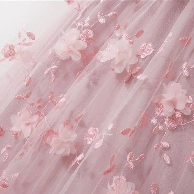 3D Embroidery Flower Mesh Fabric, Floral Wedding Tulle Lace, Summer Dress Fabric, DIY Sewing or Clothing Material, Pink