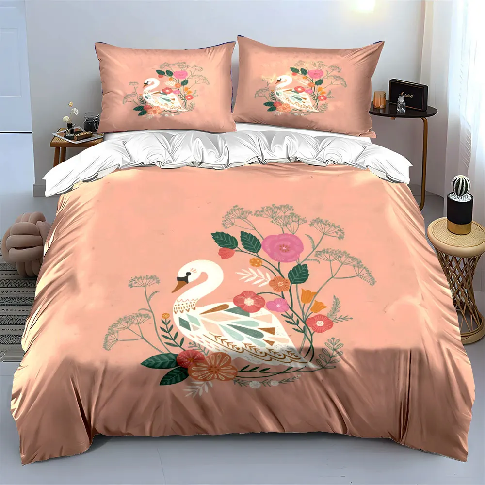 

Floral Swan Decoration Three-Piece Set Soft Skin-Friendly Bedding Set Includes 1 Duvet Cover And 2 Pillowcase, Gift