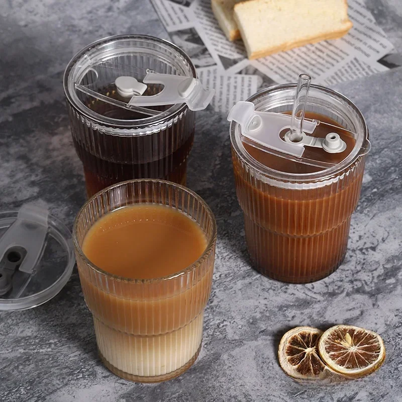 Stripe Straw Glass Cup Whisky Wine Drinking Glasses Transparent Lid Coffee Mug Tea Water Mug Milk Juice Cup Kitchen Accessories image 6