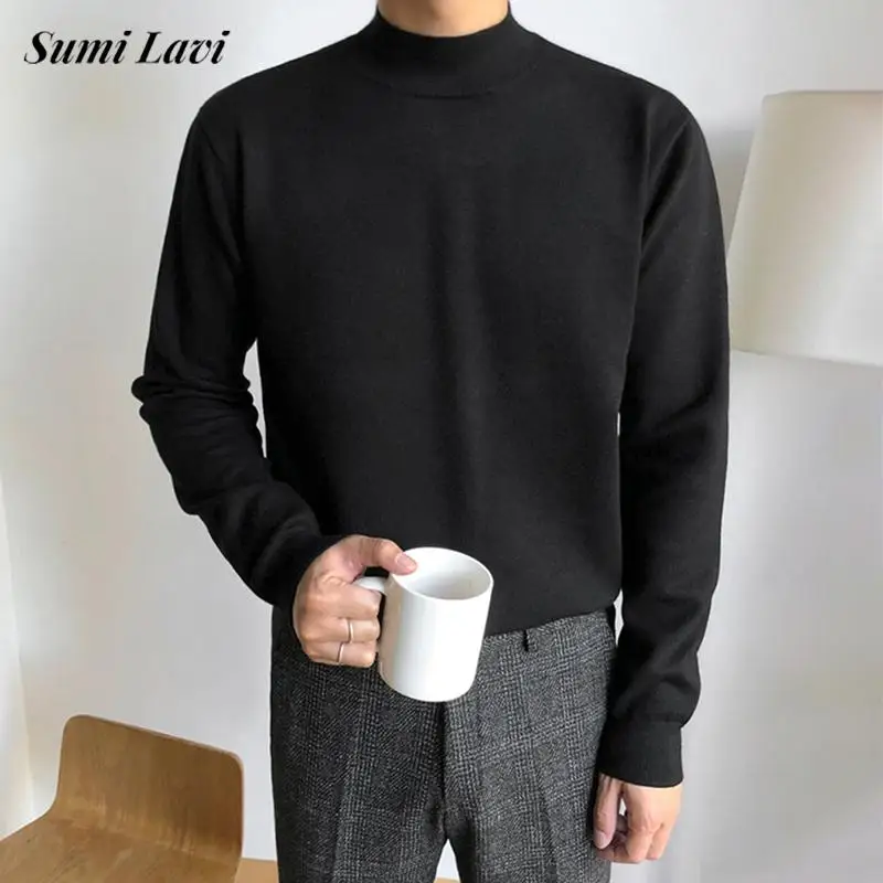 

Autumn Vintage Mock Neck Knitted Tops Men Fashion Slim Fit Long Sleeve Knit Basic Sweater Stylish Mens All-match Bottoming Tee