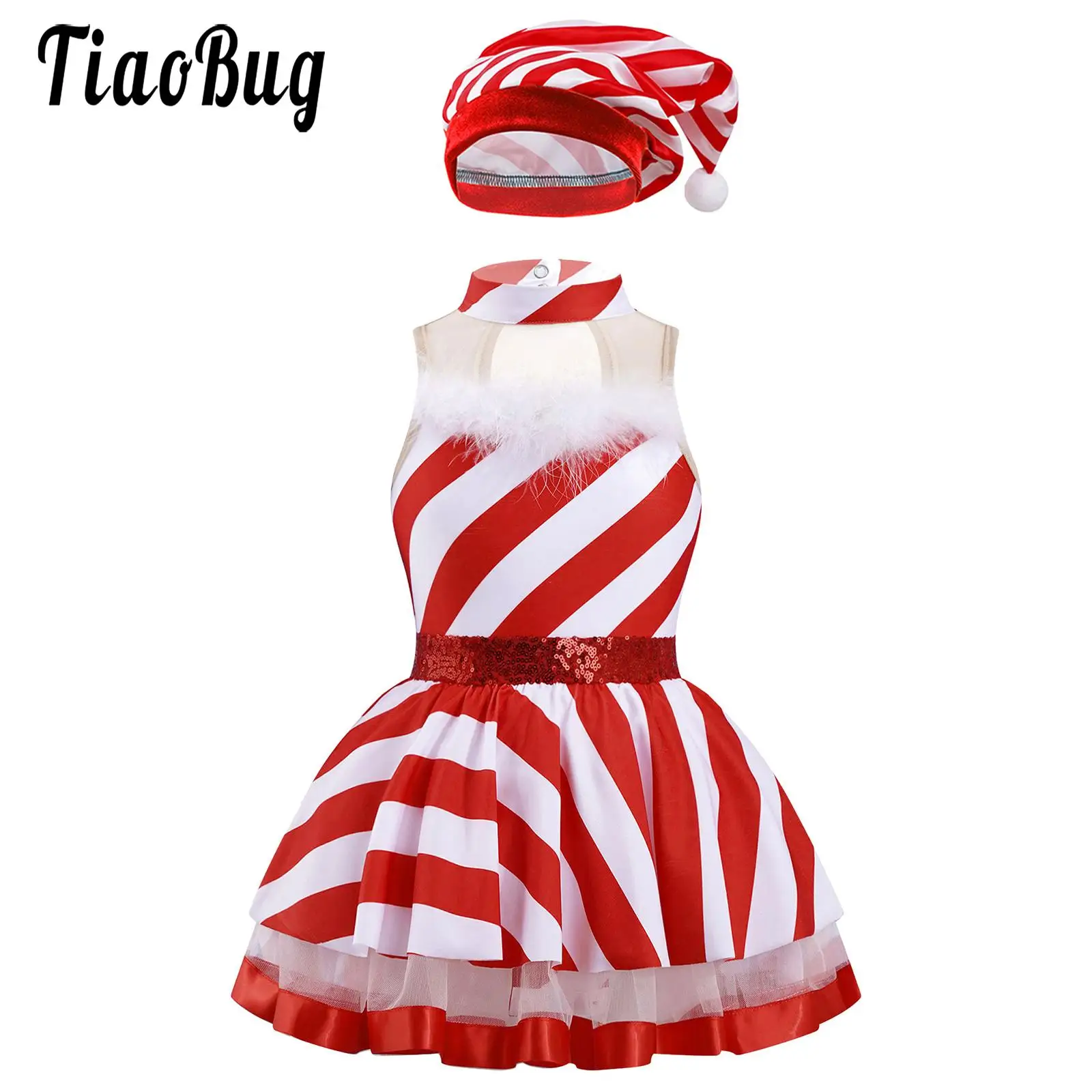 Girls Mrs Santa Claus Christmas Tutu Dress Candy Cane Stripe Skating Dance Performance Costume Leotards Ballet Xmas Party Dress