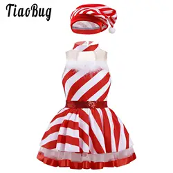 Girls Mrs Santa Claus Christmas Tutu Dress Candy Cane Stripe Skating Dance Performance Costume Leotards Ballet Xmas Party Dress