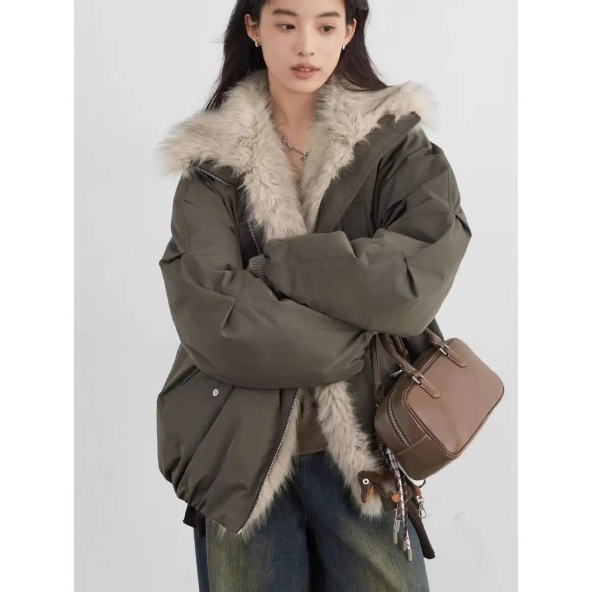 Suninbox Women's Winter Oversized Parka Coat  Zipper Loose Thicken Coats with Front Pockets Casual  Warm Streetwear Outerwear