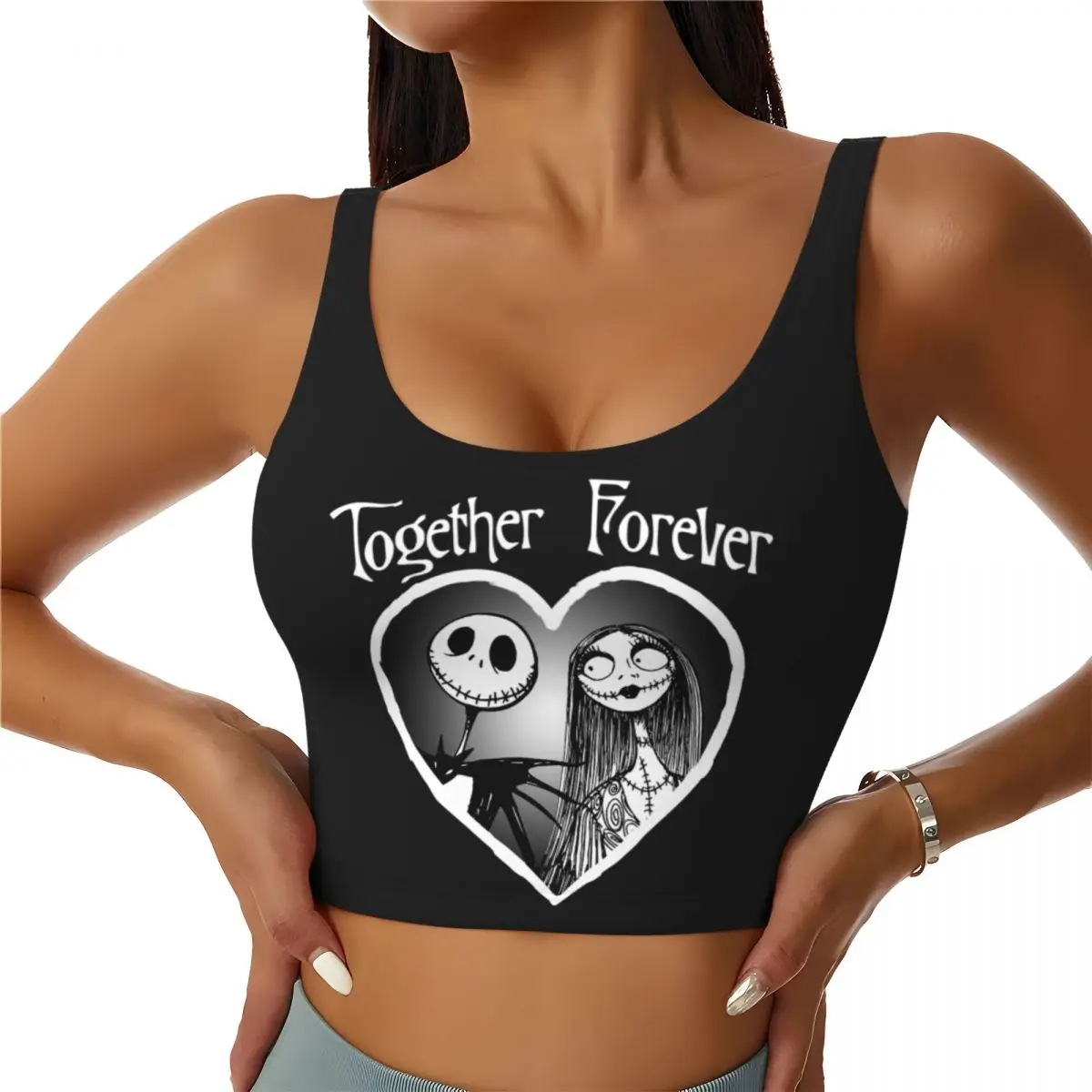 

Custom Women's Jack Together Forever Halloween Sports Bra The Nightmare Before Christmas High Impact Gym Workout Crop Tank Tops