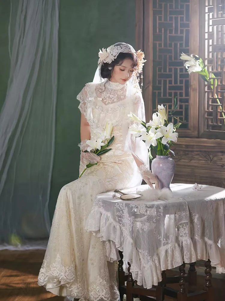 

Vintage Garden Style Wedding Dress Lace New Chinese Style Photography Studio Theme Film Noir Sensation High End Feeling Gown