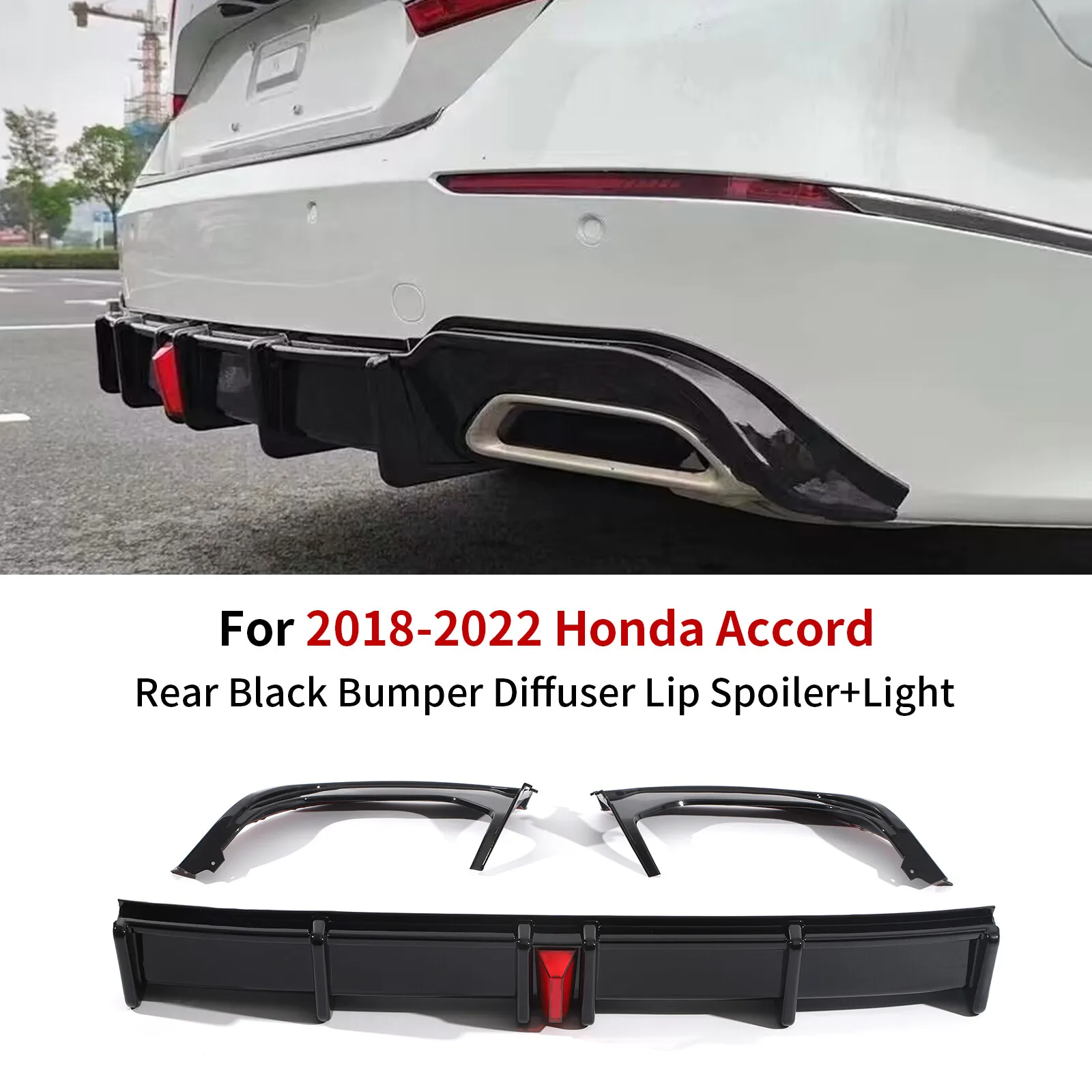 ABS Rear Bumper Spoiler Diffuser with LED Light For Honda Accord Sedan 2018-2022 Black