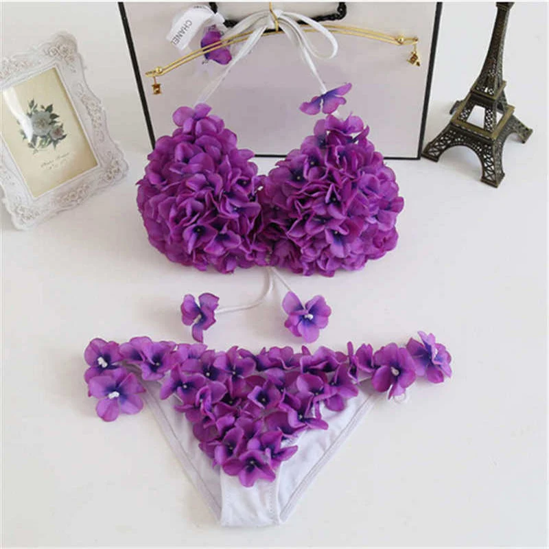 Bikini Floral hecho a mano para mujer, traje de baño de realce, Bikini con Tanga de perlas, bañador Halter