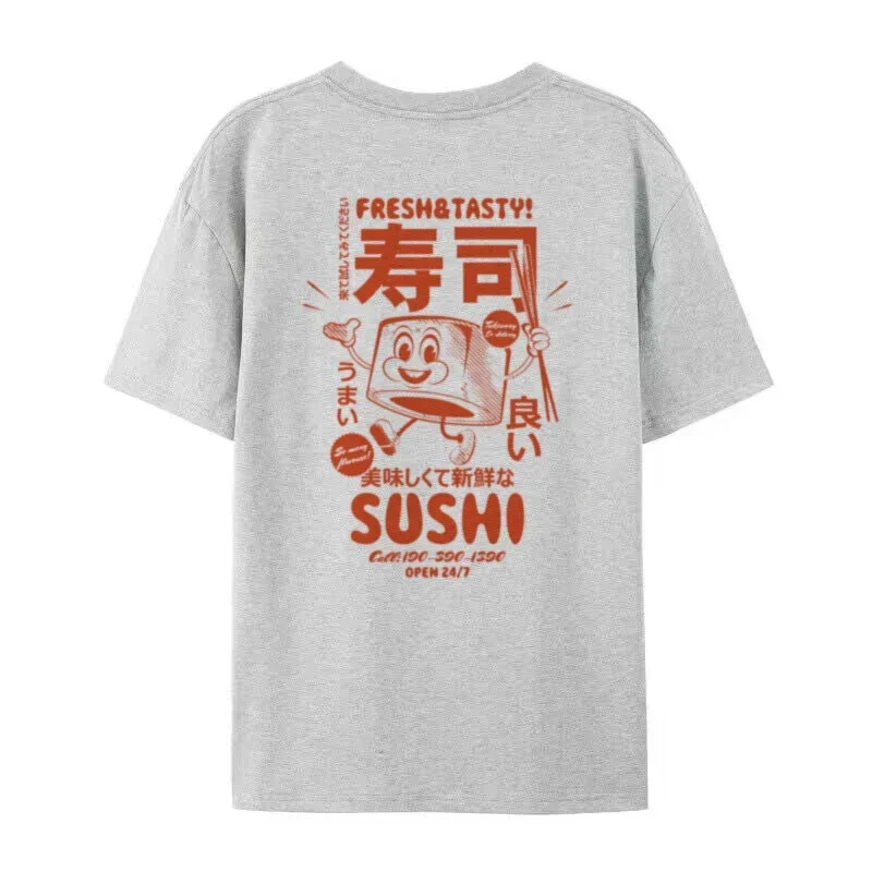 Retro Sushi Back Print Japanese Food T-Shirts Women Cute Funny Graphic Tees Oversized Streetwear Clothes Unisex Fashion Top Gift