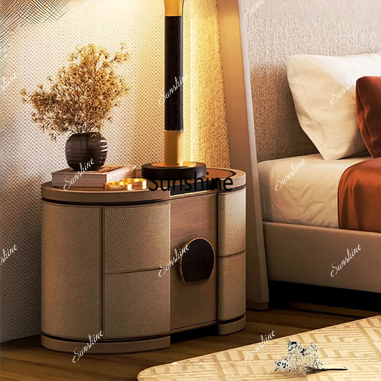

Italian bedside table light luxury high-end master bedroom creative solid wood storage cabinet