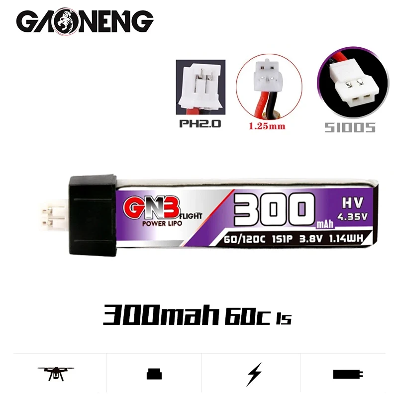 10PCS GNB 1S 300mAh 3.8V 60C HV Lipo Battery PH2.0/1.25/GNB27/51005 Plug for US65 UK65 Inductrix Beta65S Tiny Whoop Drone