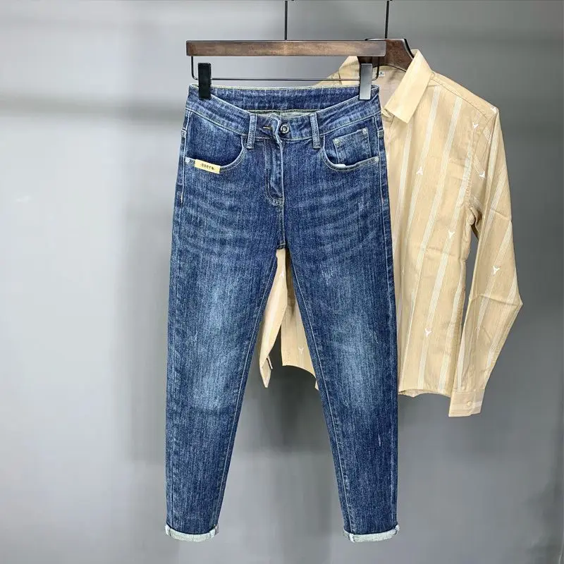 Korean Luxury Clothing Jeans Men's Autumn New High-end Brand Slim-fitting Small Feet Blue Washed Retro Ruffian Handsome Trousers