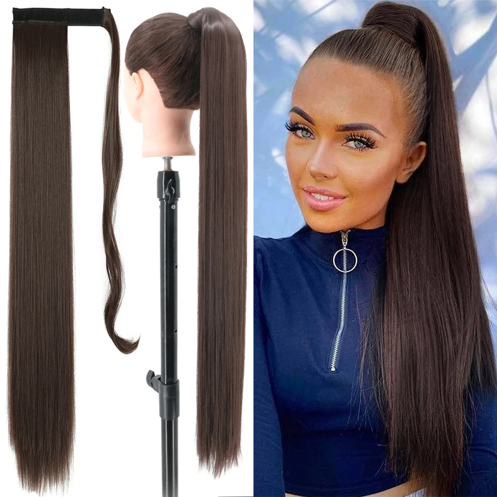 

Natural Long Straight Ponytail Hair Synthetic Extensions Heat Resistant Hair 34Inch Wrap Around Pony Hairpiece For Women