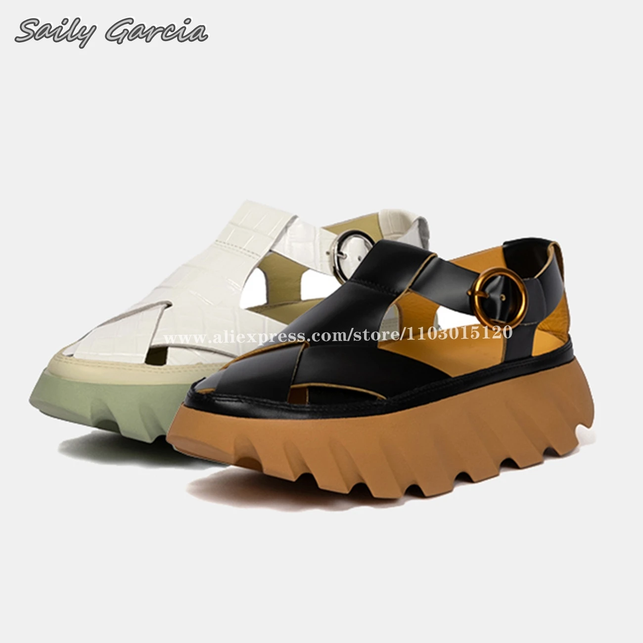 

Mixed Color Buckle Strap Thick Sole Casual Hollow Sandals 2024 Summer New Fashion All-Match Beach Shoes Round Toe Platform Shoes