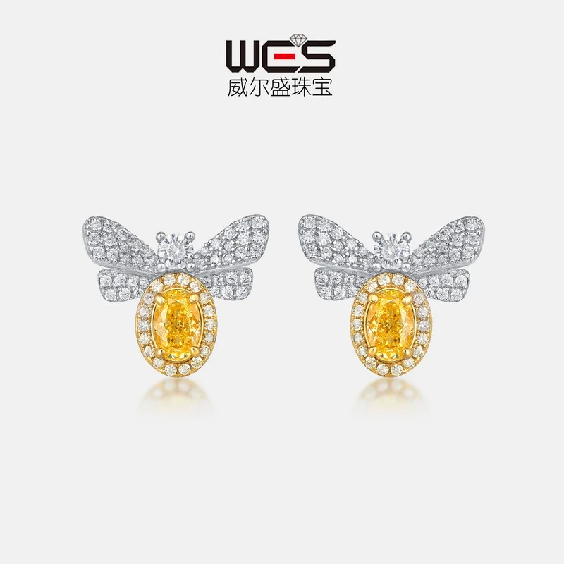 18K Gold Color Baby Stone PT950 Platinum Yellow High Carbon Diamond Earrings Cute Little Bee Earrings for Women