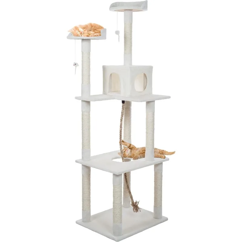 Cat Tree - 6-Foot Cat Tower for Indoor Cats with Napping Perches, Kitty Condo, 9 Cat Scratching Posts, 2 Hanging Toys, and Rope