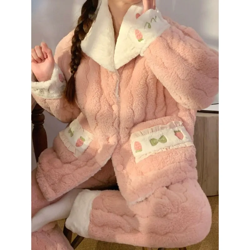 2024 neue Frauen Winter Korallen Fleece Pyjama Famale drei schicht ige Baumwolle Flanell Lounge wear niedlichen Mädchen nach Hause Nachtwäsche Set Jugend Pijama