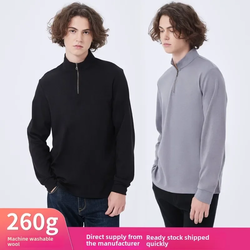 High End Machine Washable Wool Sweater Men's Hoodie 260g Long Sleeved Outerwear Base Sweater Half Zipper Pullover Sports Sweater