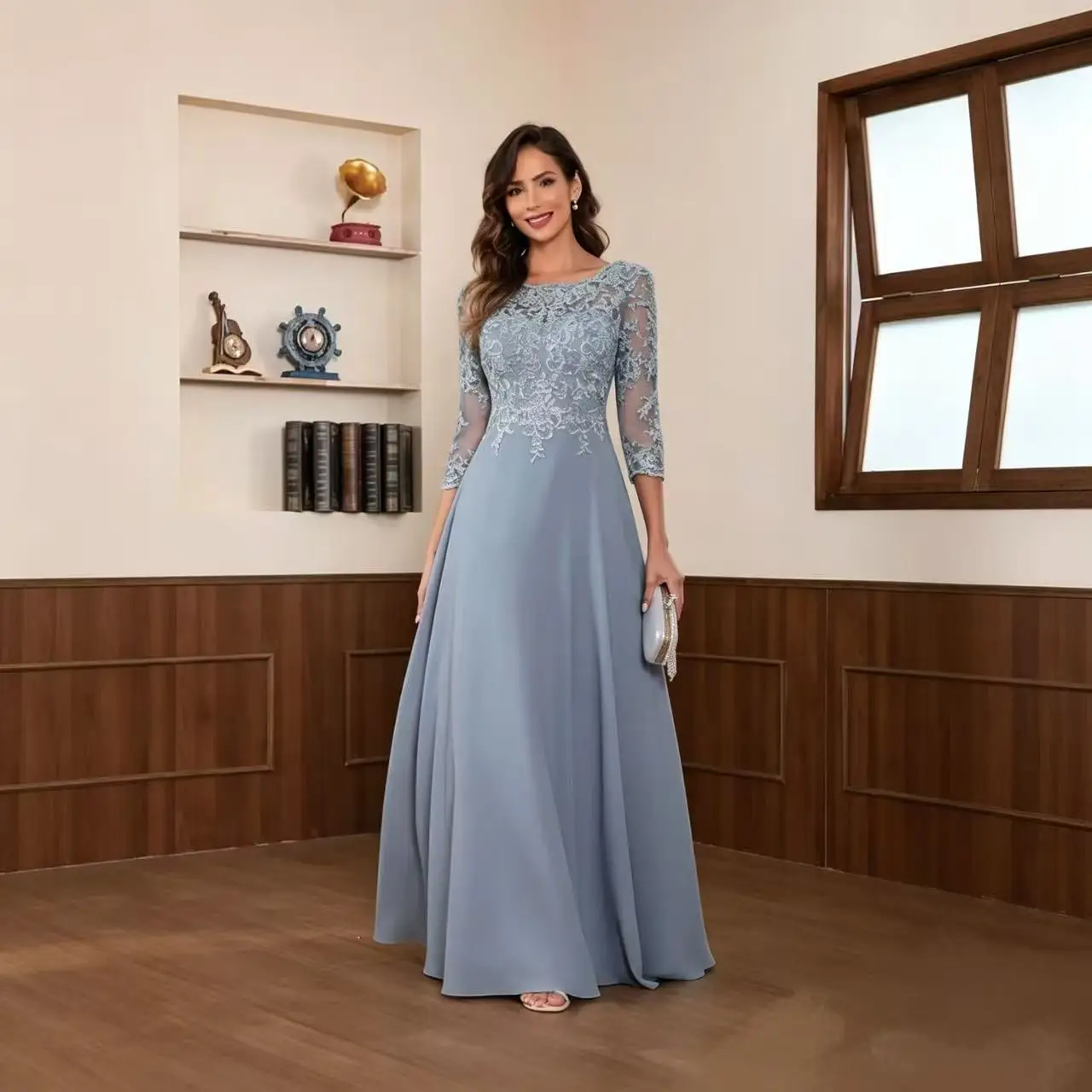 Manmuxi 3/4 Sleeve Lace Applique Chiffon Long Mother of The Bride Dress Formal Evening Gown For Daughter Wedding Banquet