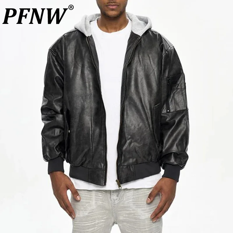 PFNW Men's PU Leather Windproof Colorblock Spliced Hooded Jacket Autumn Winter Trendy Loose Fit Warm Black Zipper Coat 12C1431