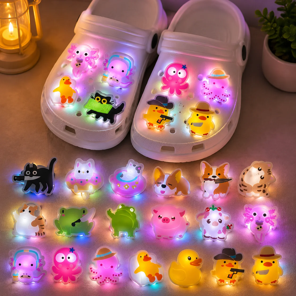 1/20 Stück Niedliche LED-Tier-Schuh-Charms Leuchtende Pins für Clogs-Zubehör Ente Katze Oktopus Abnehmbare Schnallen Modische LED-Schnallen