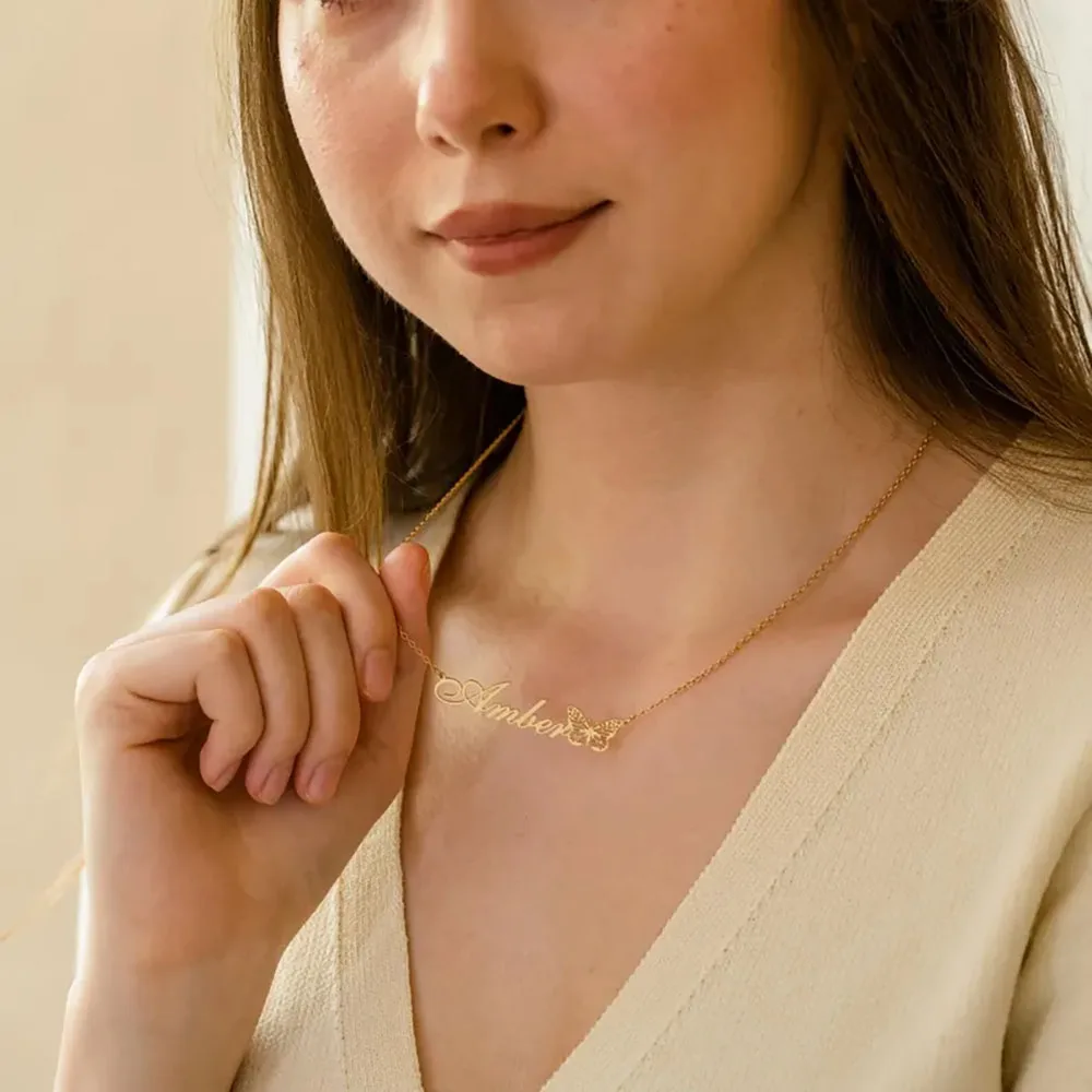 Personalized Butterfly Name Necklace Custom Birth Butterfly Stainless Steel Charm 18K Gold Women's Dainty Jewelry Birthday Gift