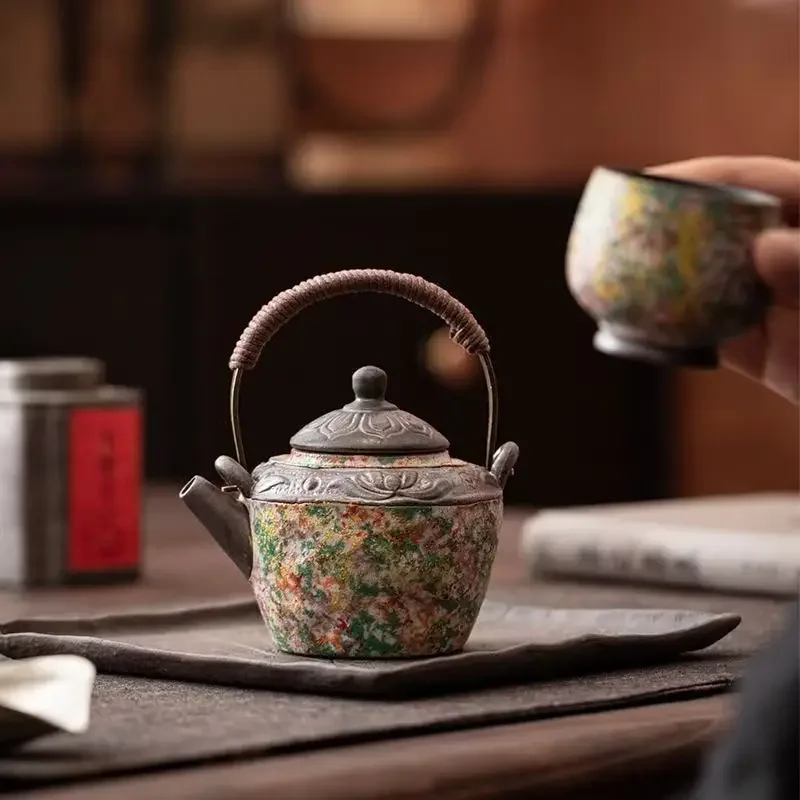 225ML Rock Painting Time Ancient Lotus Lifting Beam Pot Retro Ceramic Bubble Teapot Filter Pot Kung Fu TeaSet Gift Tea Services