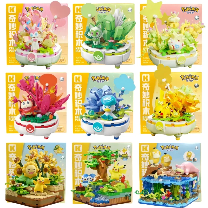 

New Original Pokemon Anime Figure Model Pikachu Sylveon Togepi Building Block Toys Home Decoration Plant Potted Flower Brick Toy