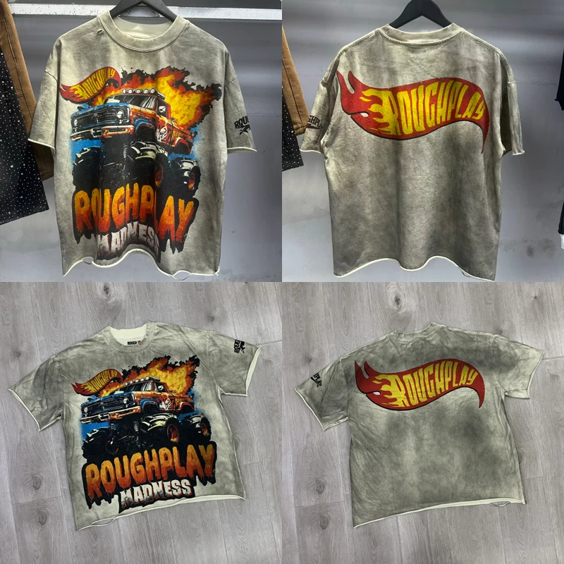 

Футболка RoughPlay для мужчин и женщин, летняя ретро уличная футболка в стиле хип-хоп с принтом «Безумность», европейско-американский модный бренд ROUGH PLAY с коротким рукавом