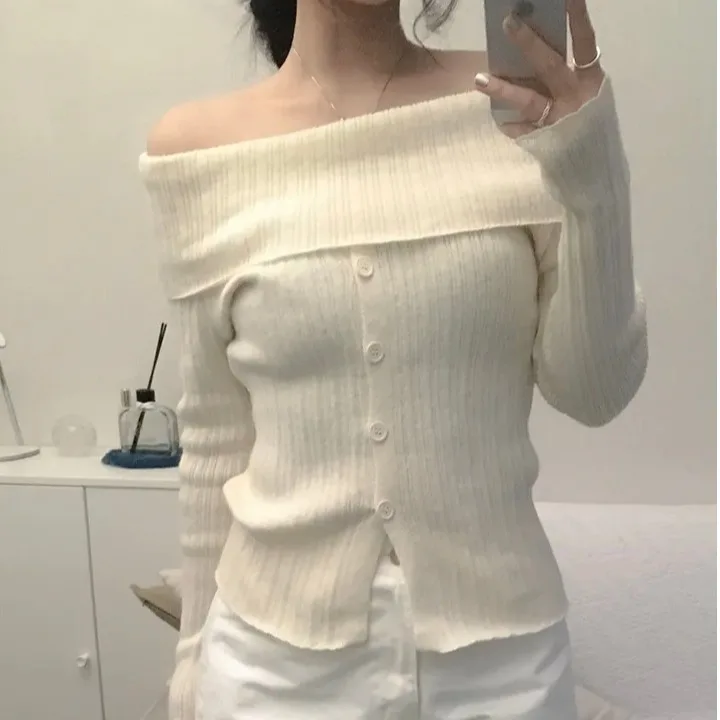 

Шикарный осенне-зимний однотонный вязаный свитер с колючками, женский топ на одной пуговице в рубчик, корейский Sle Commute Faion