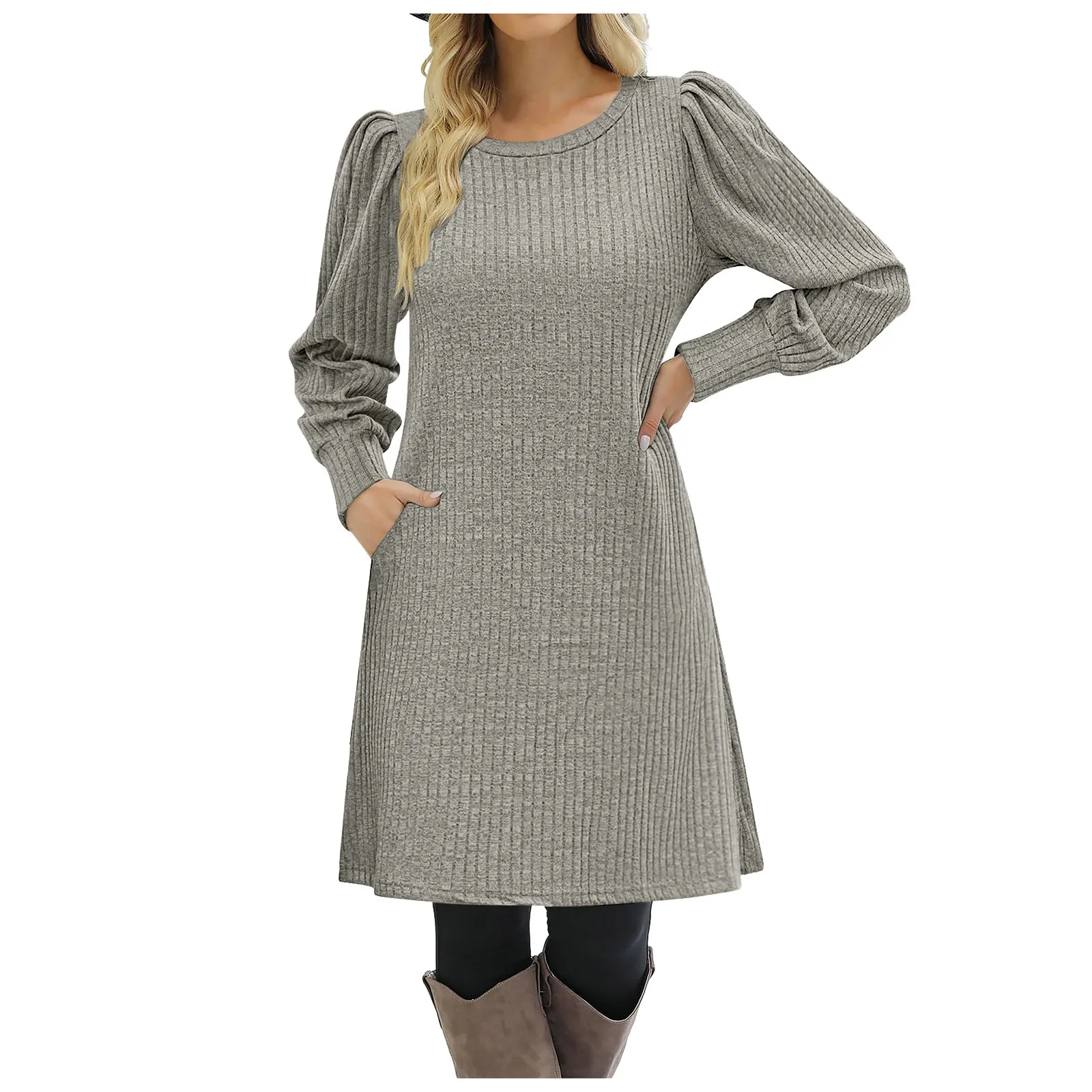 Plus Size Formal Dresses Womens Fall Sweater Dress Casual Knitted Dress Wiht Pockets Puff Long Sleeve Tunic Dress платье женское