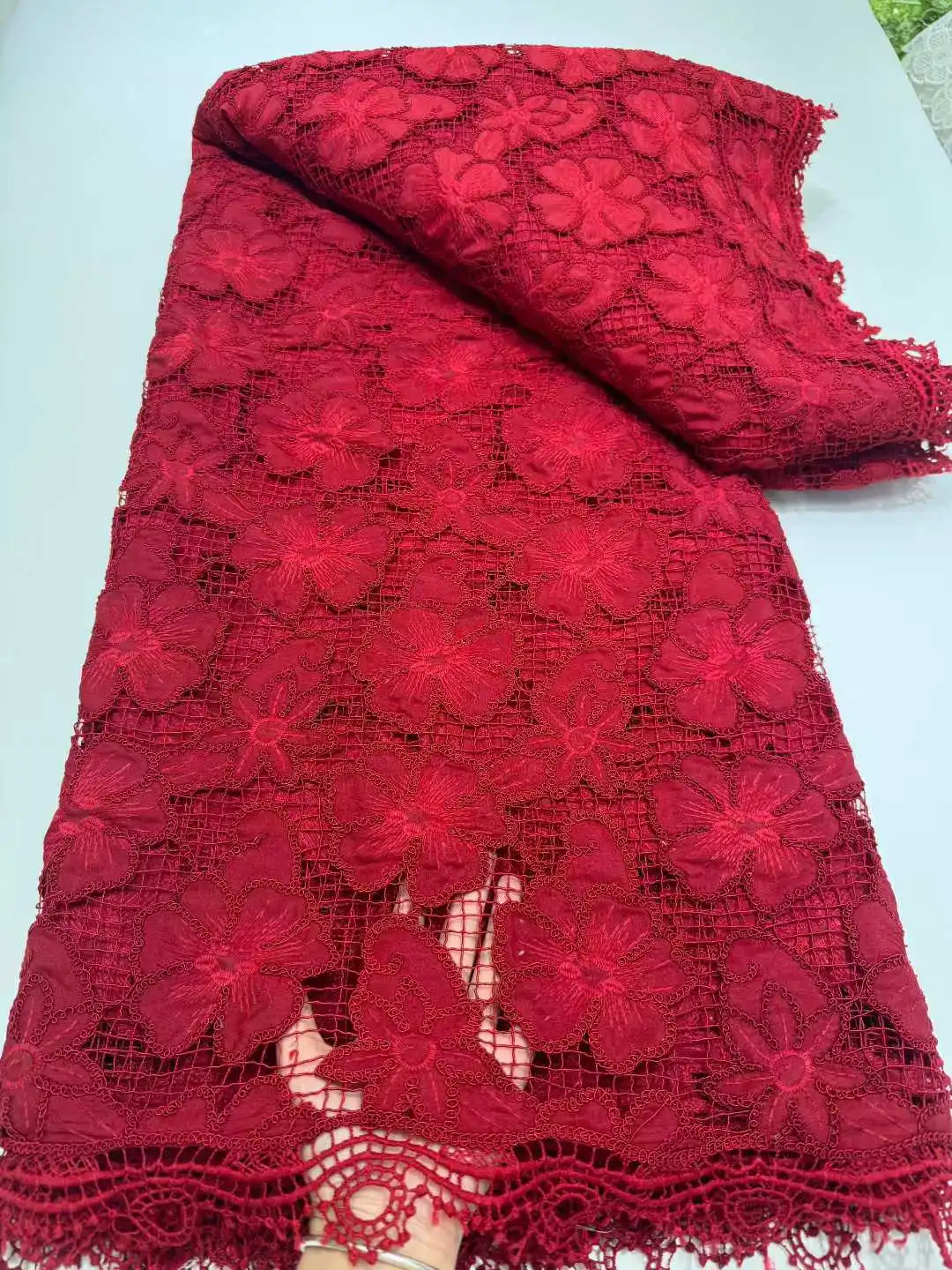 

Red African Guipure Lace Fabric 2025 High Quality Lace 5 Yards Embroidery Lace Nigerian Cord Lace Fabric For Evening Party Dress