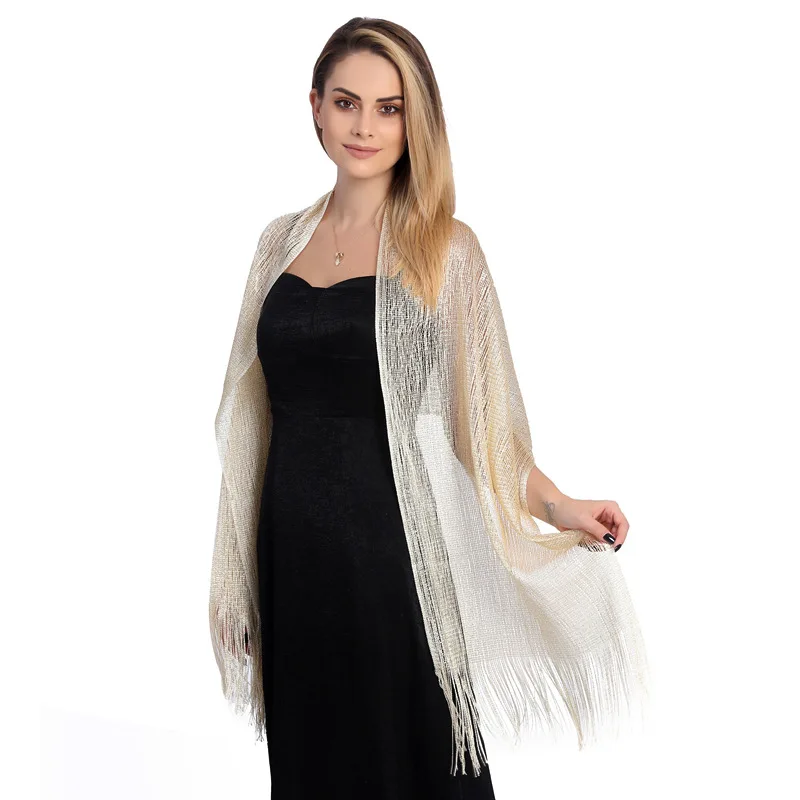 Sparkling Metallic Scarf Women Evening Dress Shawl Tassel Gold Silver Shiny Party Shawls Bridal Bridesmaid Wedding Boleros Wraps