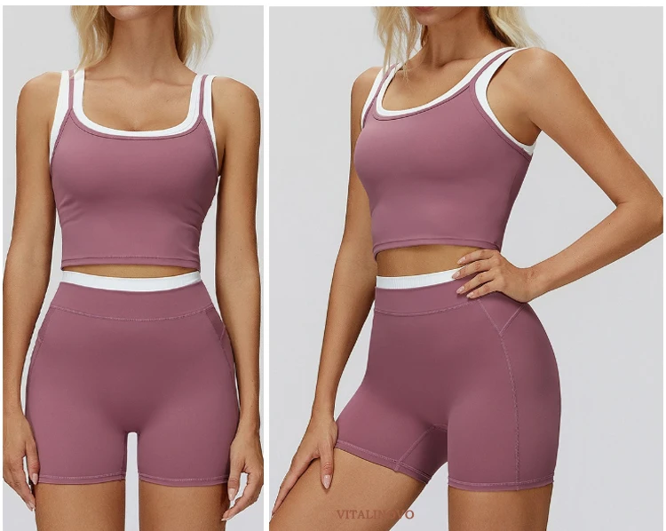 VITALINOVO 2-teiliges Workout-Set für Damen, nahtlose Biker-Shorts mit gepolstertem Sport-BH, sportliche, passende Outfits für Damen, für Fitness, Gym, Yoga – Detail 9