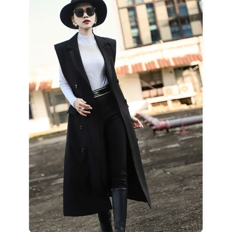 New French Style Luxury Long Vest Dress 2025Spring Autumn Temperament Double Breasted Sleeveless Suit Vest Dress Women Waistcoat