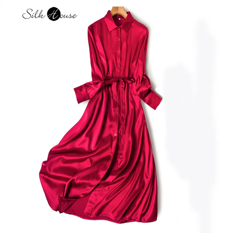 

Texture Dark Pattern 93% Natural Mulberry Silk Elastic Jacquard Satin Single Breasted Red POLO Collar Long Sleeved Shirt Dress