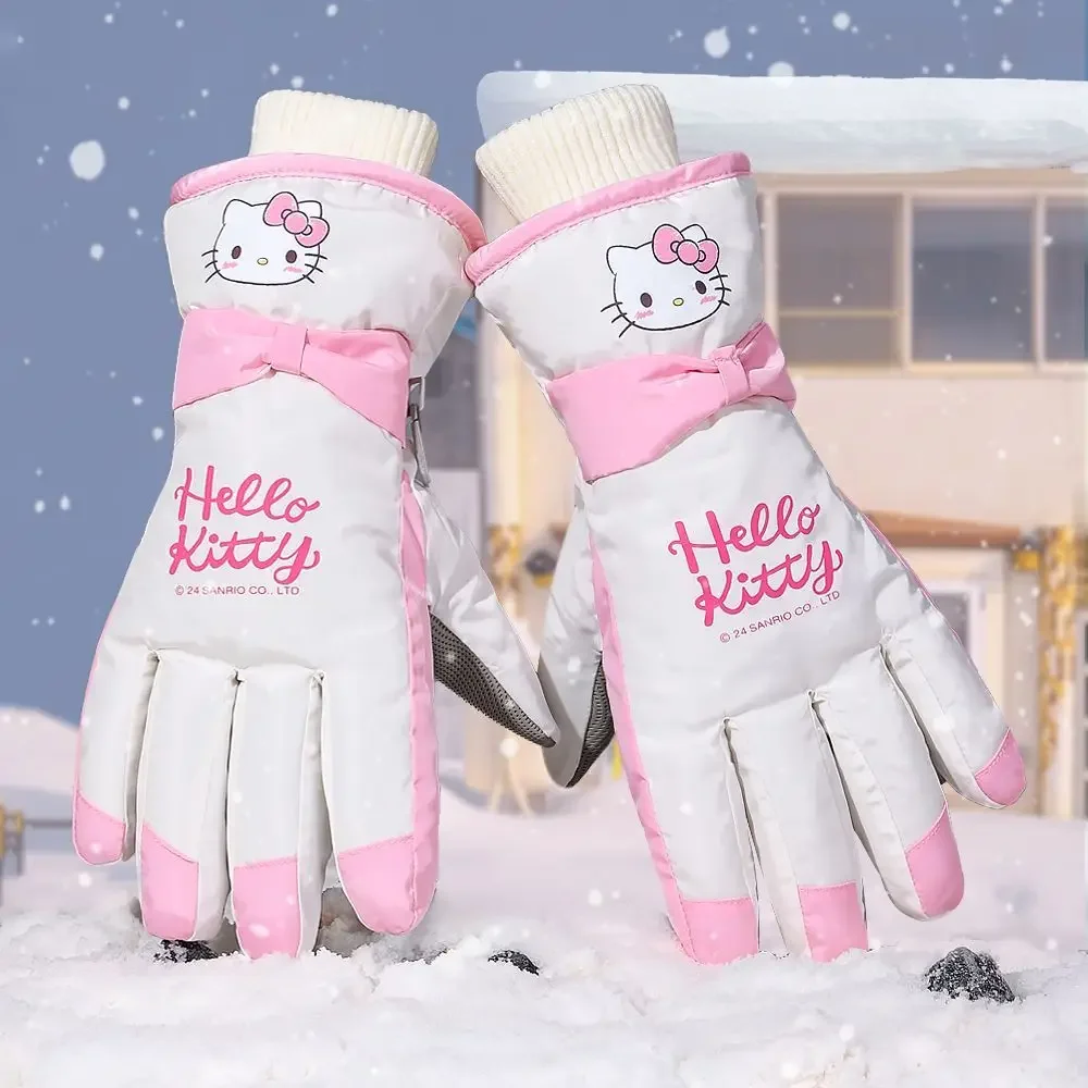 Genuine Sanrio HelloKitty Ski Gloves Winter Thick Velvet Cycling Outdoor Ski Warm Cotton Gloves Touch Screen Cartoon Cute