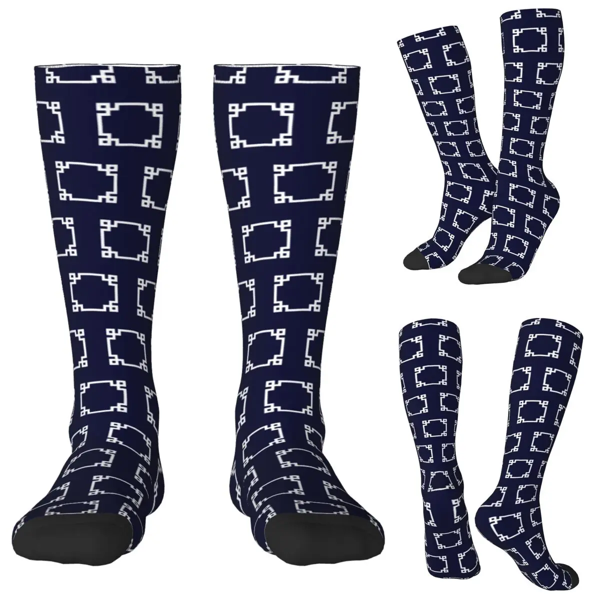 

Greek Key Square White On Navy Blue Socks Harajuku Stockings All Season Long Socks Accessories for Unisex Birthday Present