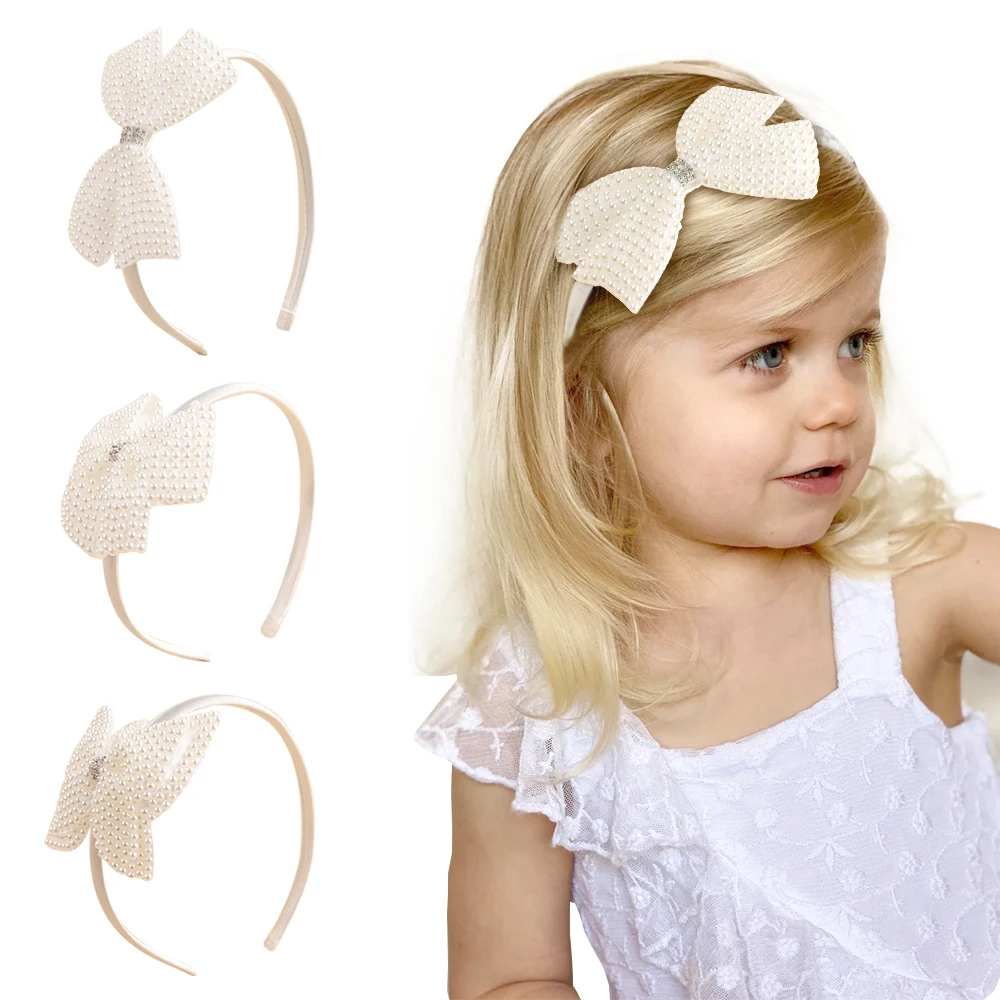 Boutique Pearl Bows Headband White Rhinestone Hairband For Girls Children Simple Fashion Hair Hoop Kids Hair Accessories Gifts