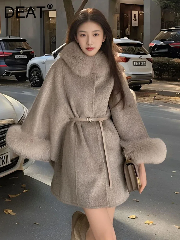 

DEAT Fashion Women's Cashmere Coat Batwing Sleeve Detachable Fur Collar Belt Waist Solid Color Female Overcoat New Tide 15C643