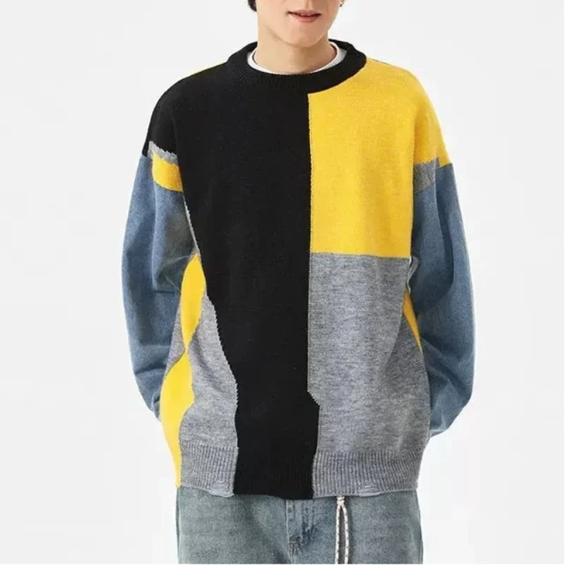

Men Women Couple Matching Sweater Autumn Winter New Japanese Style Color Block Paneled Round Neck Loose Fit Knit Top