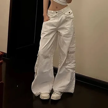 Y2K beyaz kargo kot kadın kore yüksek bel beyaz cep geniş bacak Denim pantolon kadın boy Streetwear Hip Hop pantolon