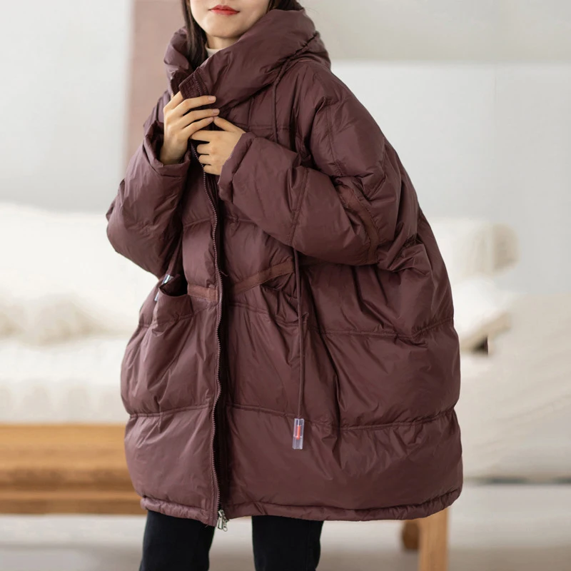 Vrouwen Losse Lange Puffer Jas Met Capuchon 90% Witte Eend Down Jas Oversized 2025 Nieuwe Winter Warme Vrouwelijke Veer Parka
