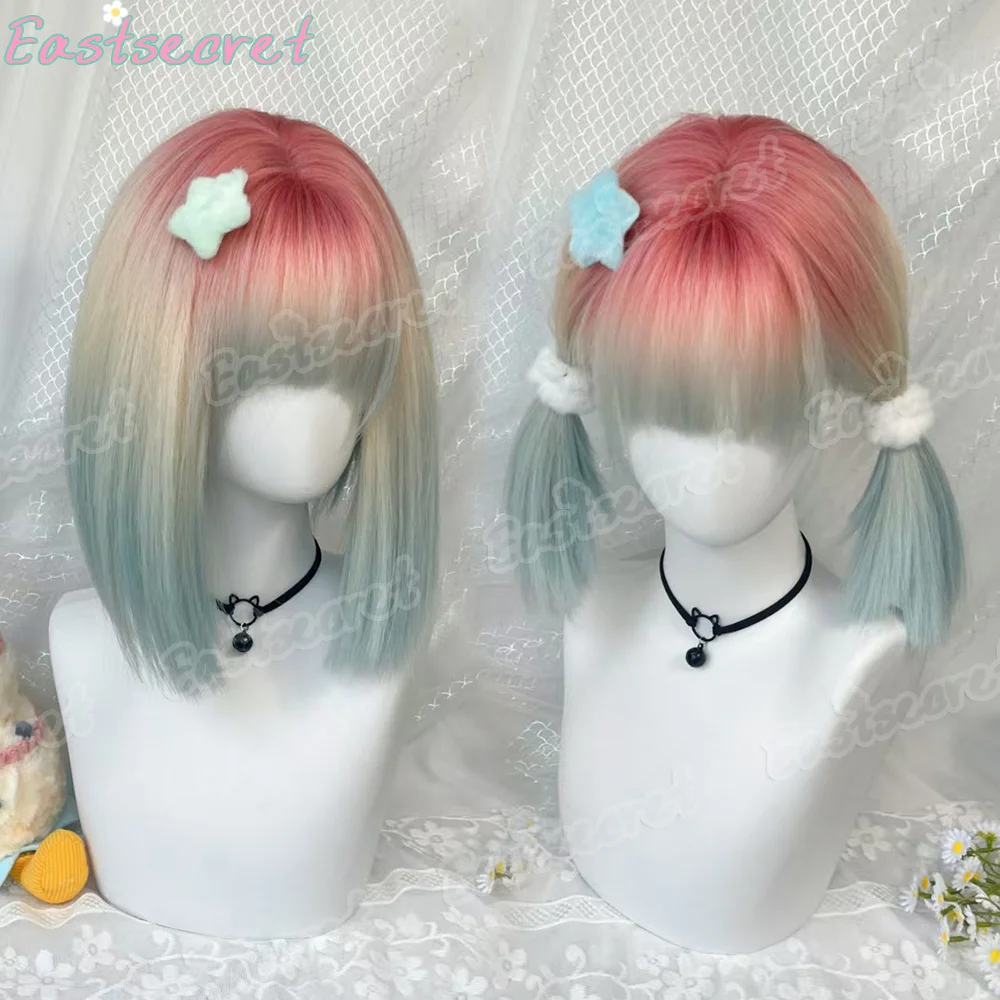 Short Straight Bob Wigs for Women gradient color Synthetic Natural Hair Wig with Bangs Heat Resistant Cosplay Daily Use Hair